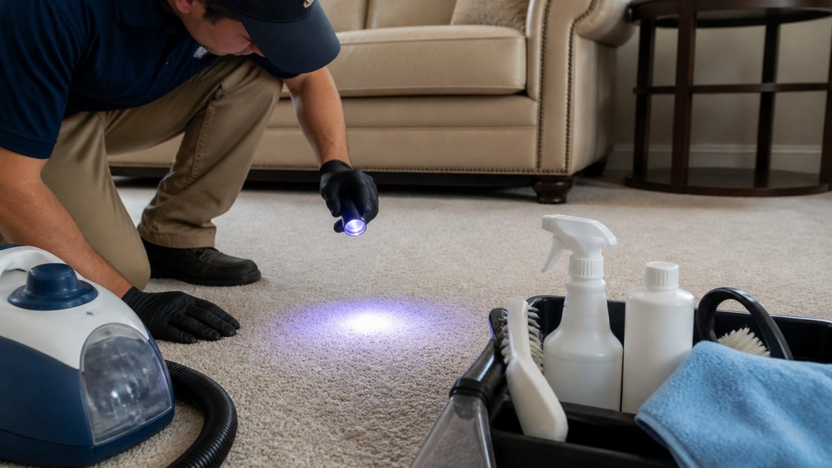 Professional using blacklight to detect pet urine stains on light-colored residential carpet in a living room