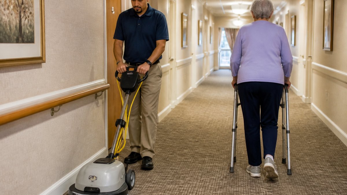 A professional carpet cleaning technician using a low-moisture encapsulation machine on a carpeted hallway in an assisted living facility while a resident walks safely past with a walker