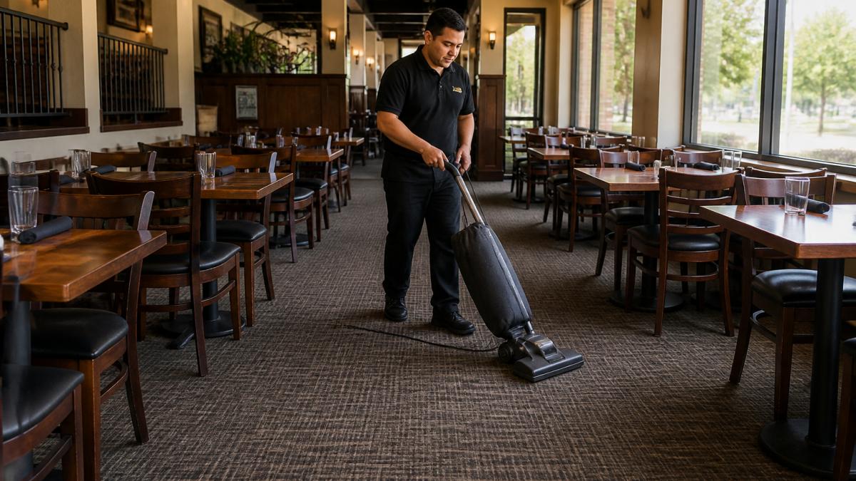 A restaurant staff member in uniform vacuuming a dining room carpet between tables during a quiet mid-afternoon shift, chairs pushed in, natural light from windows