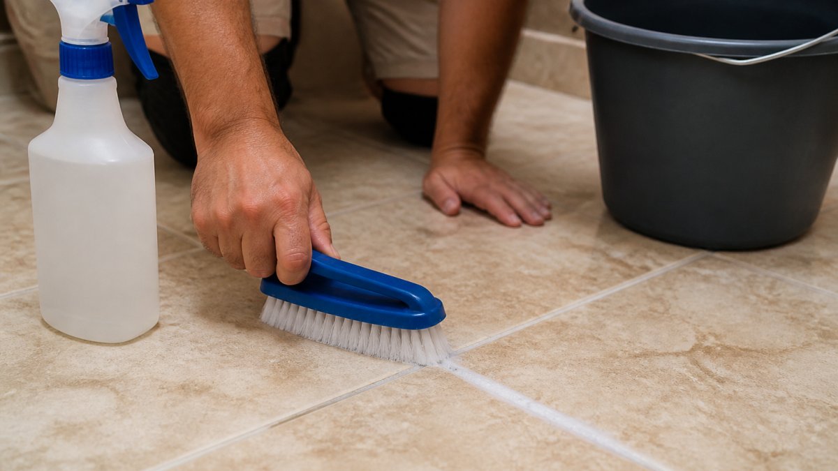 Close-up of a person using a medium-bristle nylon brush to scrub grout lines between ceramic tiles, with a spray bottle of cleaning solution nearby and a bucket of water