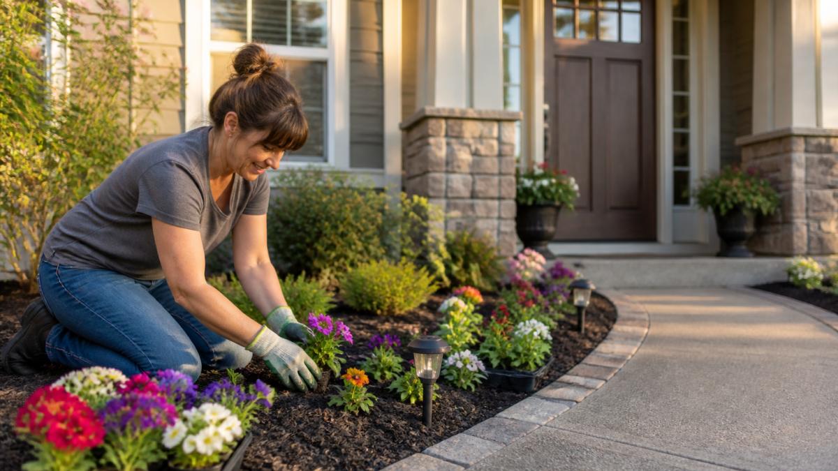 A homeowner in casual clothes kneeling beside a freshly mulched front flower bed, placing colorful annuals around a tidy walkway leading to a house entrance, late afternoon sunlight