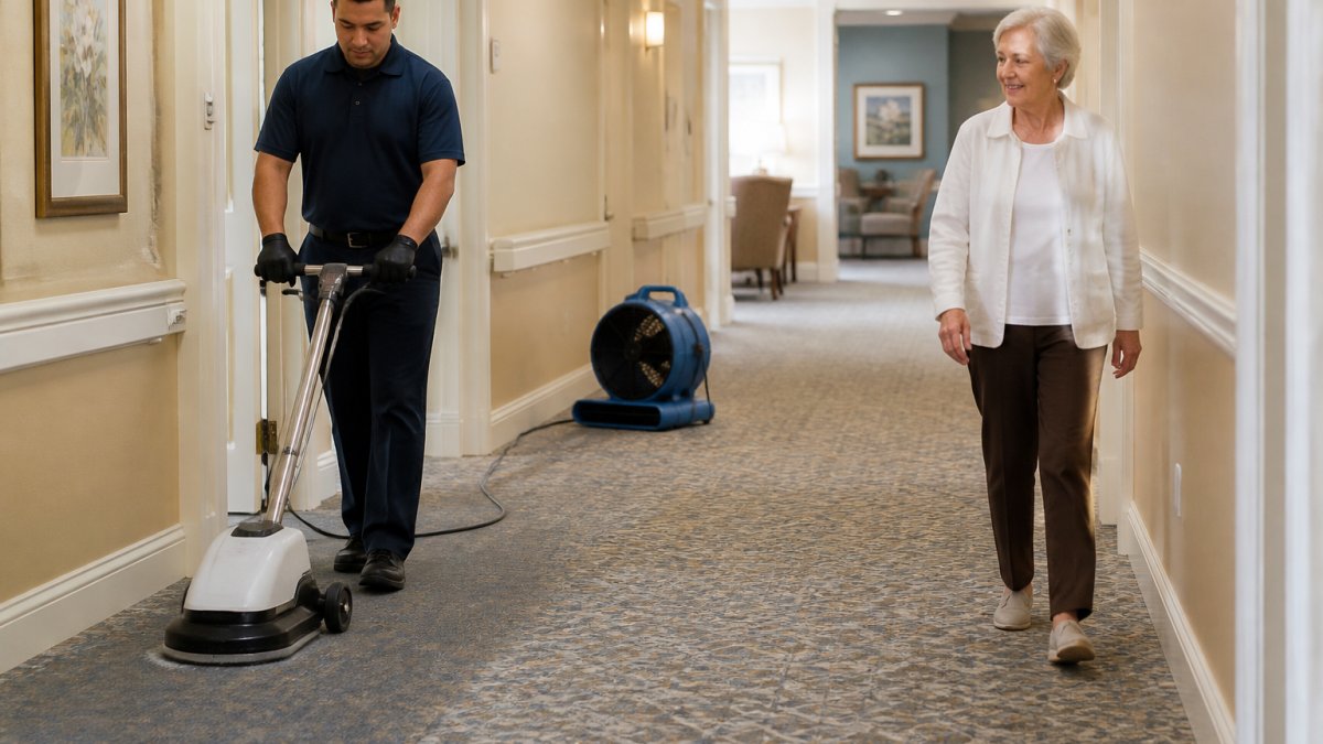 A cleaning technician in uniform using a low-moisture carpet cleaning machine along a hallway in a senior living facility, with a small floor fan running and a resident walking safely past on a dry section of carpet