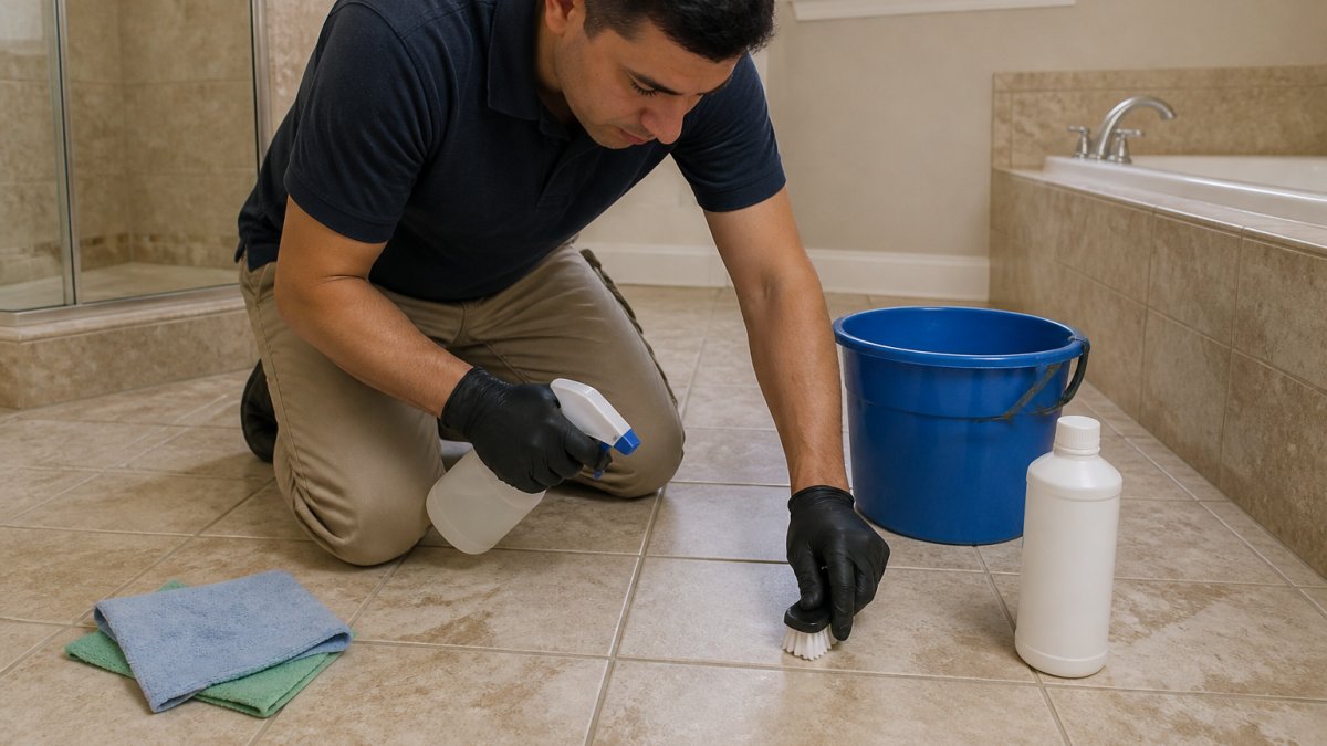 A homeowner kneeling on a tiled bathroom floor using a soft-bristle brush and spray bottle to scrub grout lines, with cleaning supplies and a bucket nearby