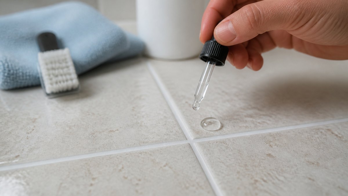 Close-up of a hand using a dropper to place a water drop on bathroom tile grout, with a small puddle beading up on the surface to show the sealer is still working