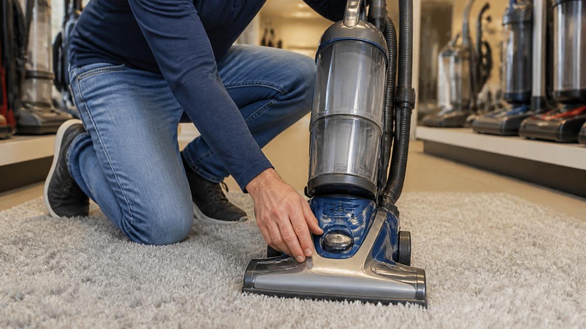 Homeowner testing the brush-roll height of an upright carpet vacuum on plush flooring