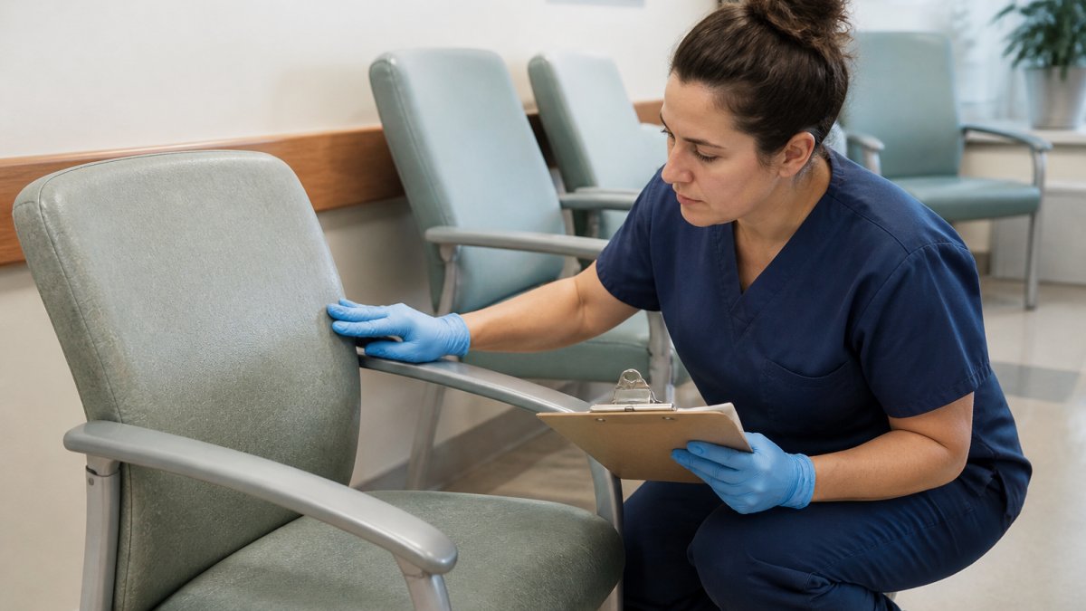 Healthcare staff inspecting upholstered medical seating for damage to help extend the lifespan of healthcare furniture.