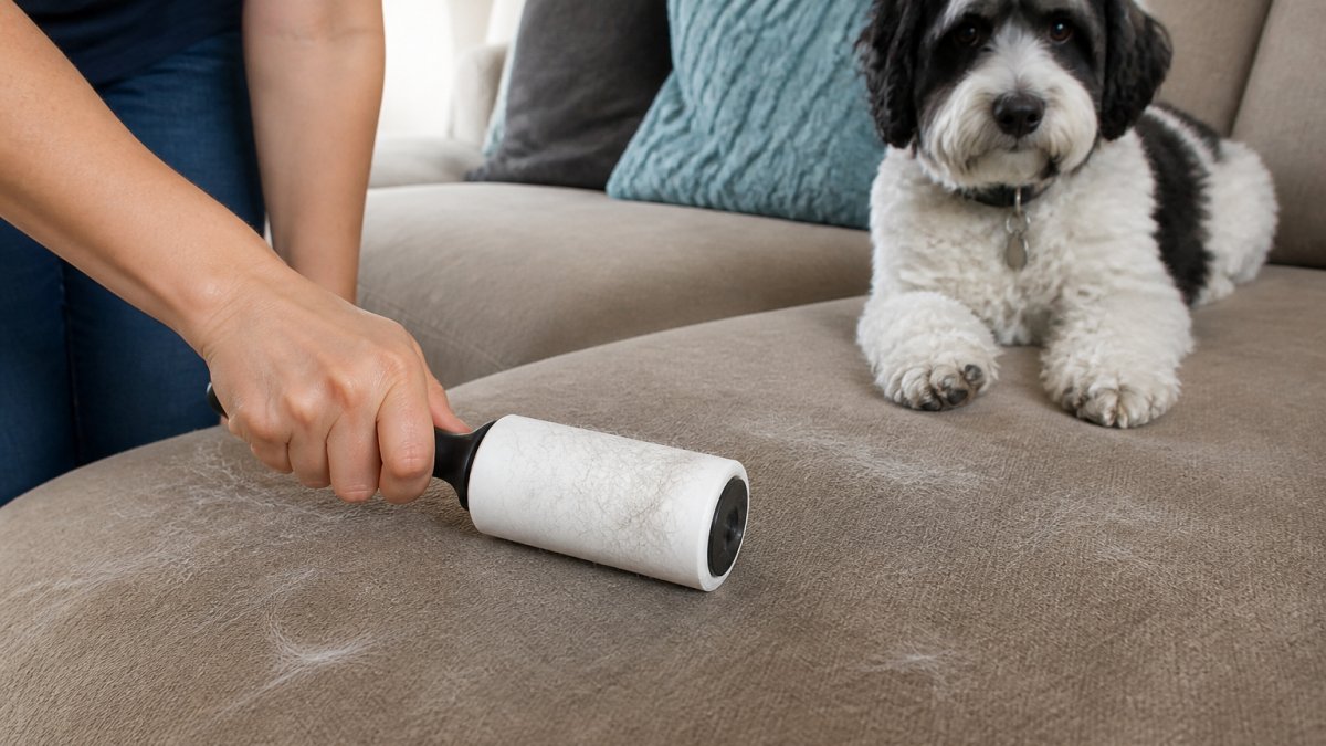 Infographic showing a person using a lint roller to remove pet hair and dander from a sofa to eliminate pet odors.