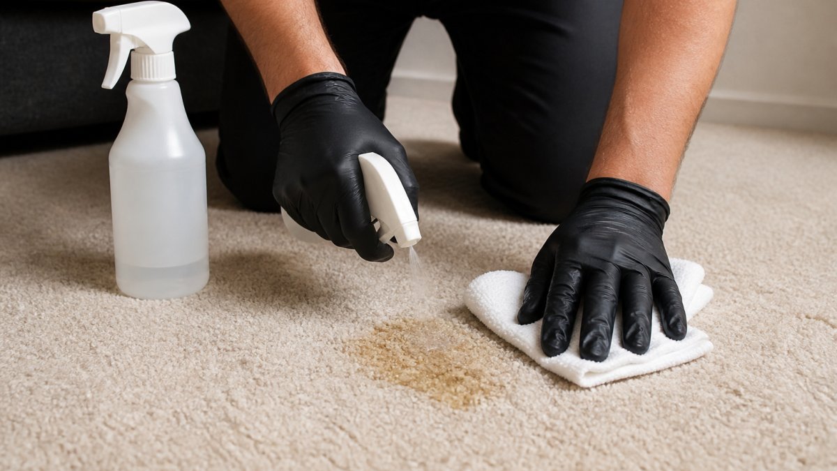 Close-up of hands wearing gloves applying pet-safe cleaning solution to a fresh carpet stain with a spray bottle and white cloth on light-colored carpet fibers