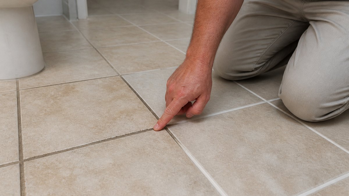 Close-up photo of a homeowner kneeling on a tiled bathroom floor, running a finger along a darkened, discolored grout line next to fresh white grout for contrast